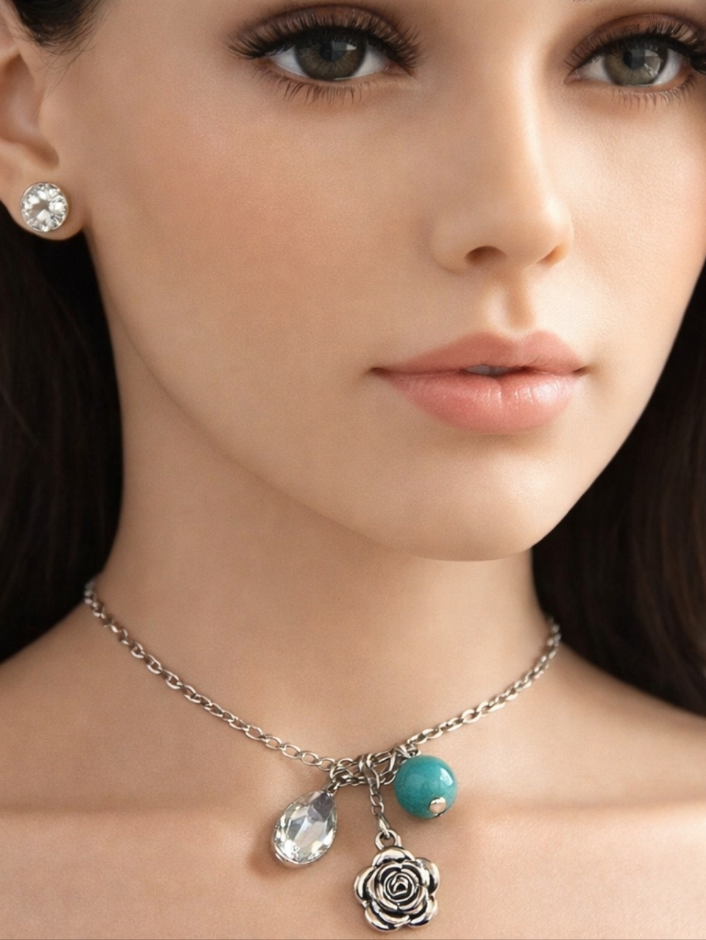 Silver-Tone Crystal, Blue Bead & Flower Pendant Necklace with Earrings - Women's
